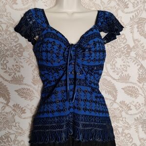 Vintage Royal-Blue & Black Lace Flutter-Sleeve Top
